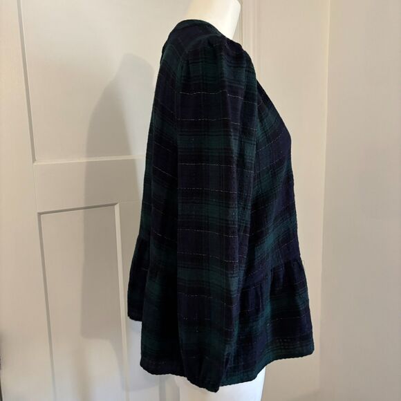 Loft Size Medium Dark Green Plaid Tartan Ruffle Peplum Preppy Peasant Blouse - Picture 2 of 8